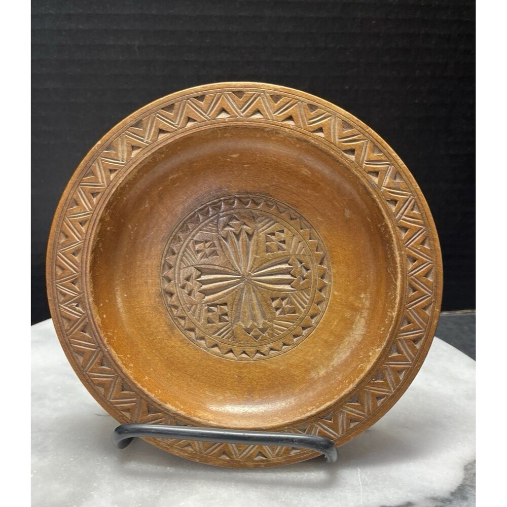 Vtg Wooden Hand Carved Decorative 6" Plate Trinket Dish Brown Rustic Folk Art